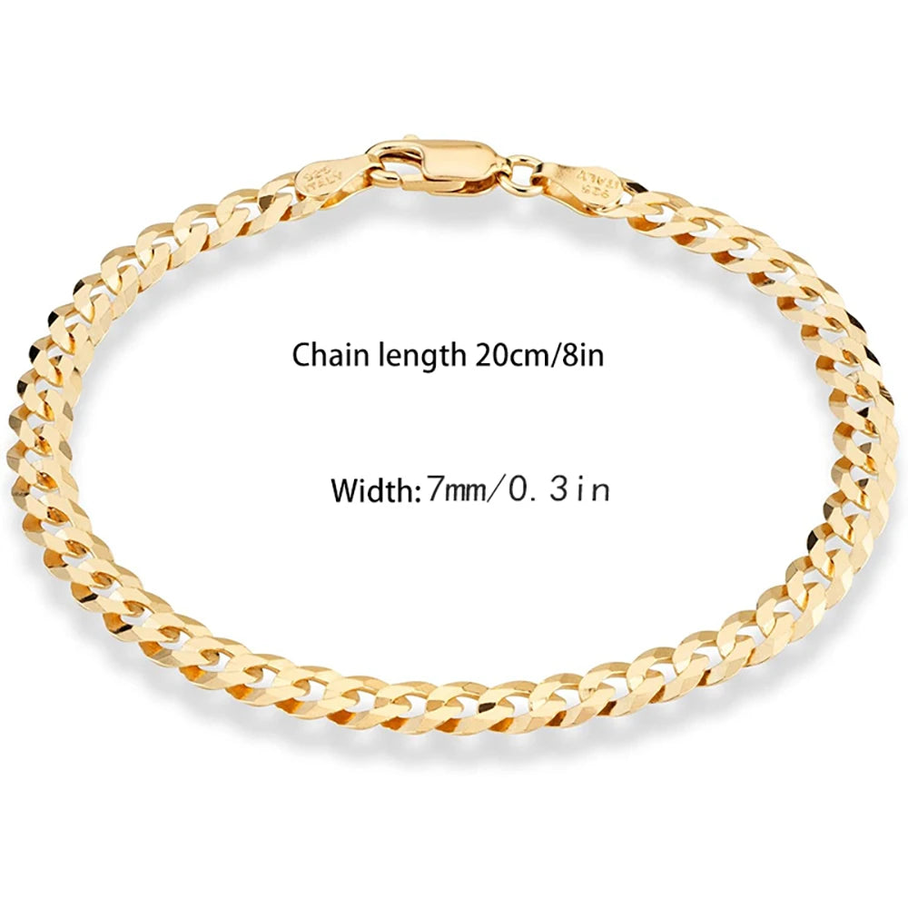 14K Gold Plated 5/7mm Locomotive Men Punk Rock Curb Cuban Link Chain 925 sterling silver Bracelet for Women Biker Jewelry Gift