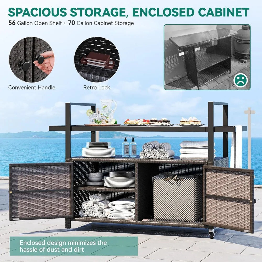 Large Outdoor Kitchen Wicker Island Rolling Cart and Patio Bar Table with Wheels and Black Glass Table Top for Backyard and Poolside