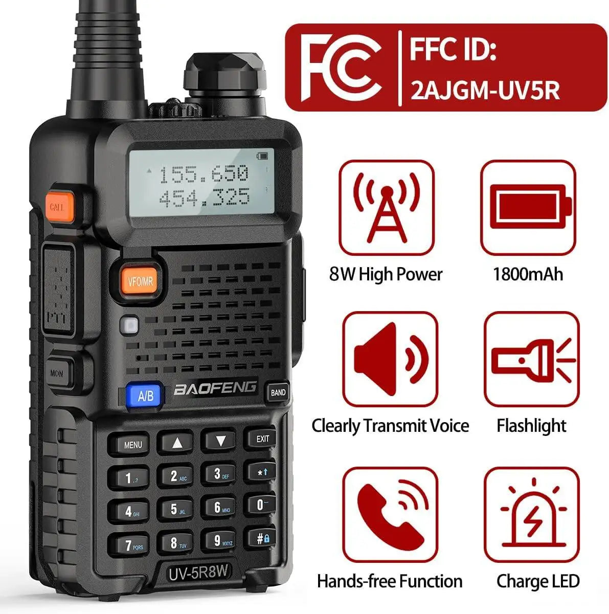 Baofeng UV-5R 8W Dual Band Walkie Talkie 1800mAh Battery