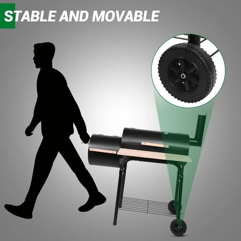Charcoal Grill and Offset Smoker Outdoor Patio Barbecue Cooker with Wheels Side Fire Box for Camping Picnic Party