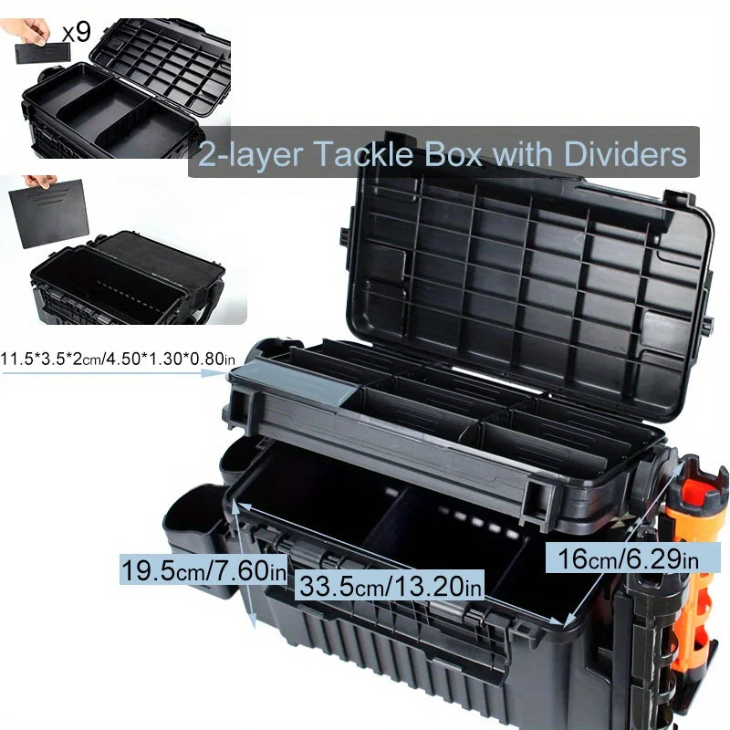 Ackibbik Large 11L Fishing Box Two Layer Tackle Storage with Two Rod Holders and Two Cup Holders