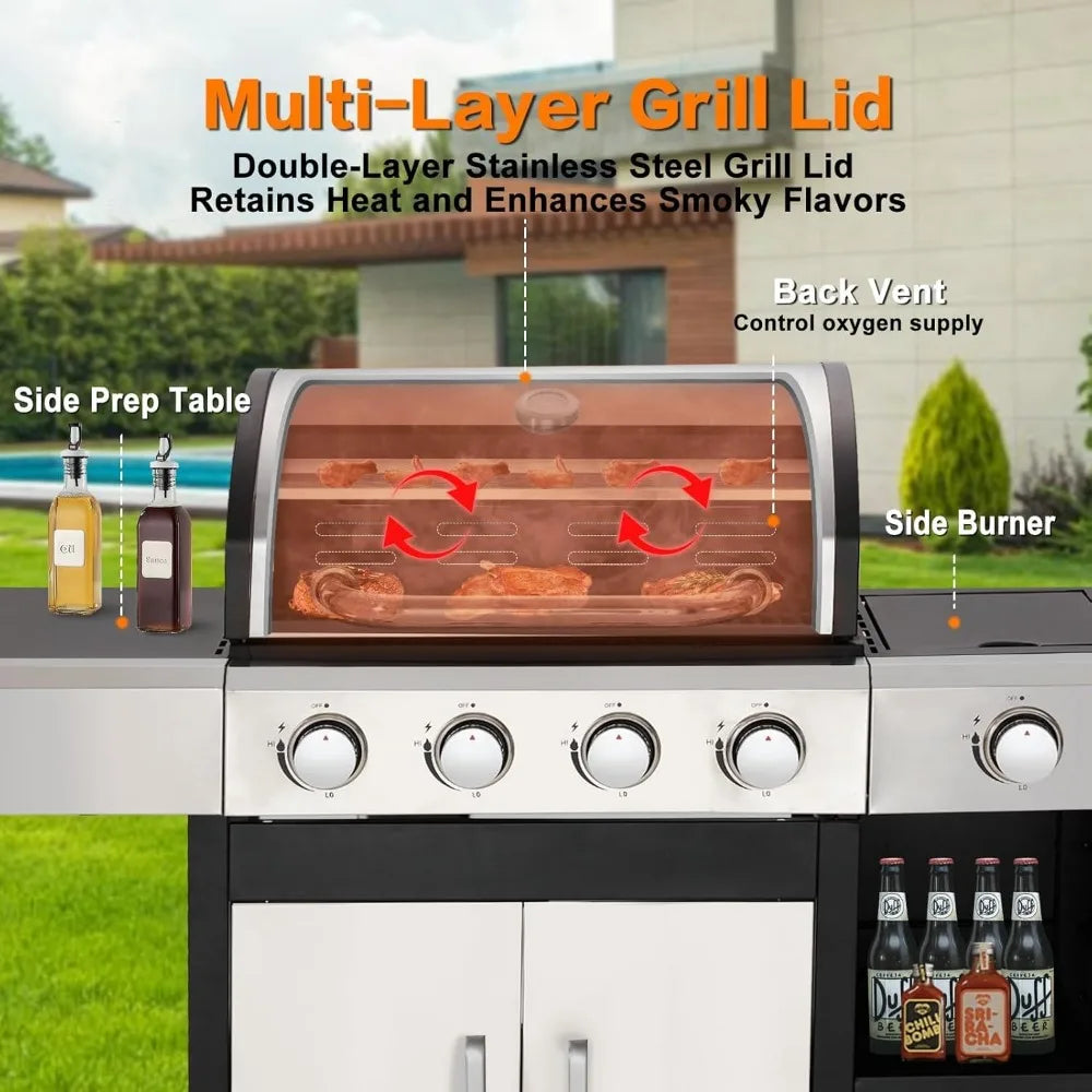 4-Burner Propane Gas Grill with Side Burner & Cabinet - 49,000 BTU Stainless Steel BBQ Grill, Porcelain-Enameled Cast Iron Grate