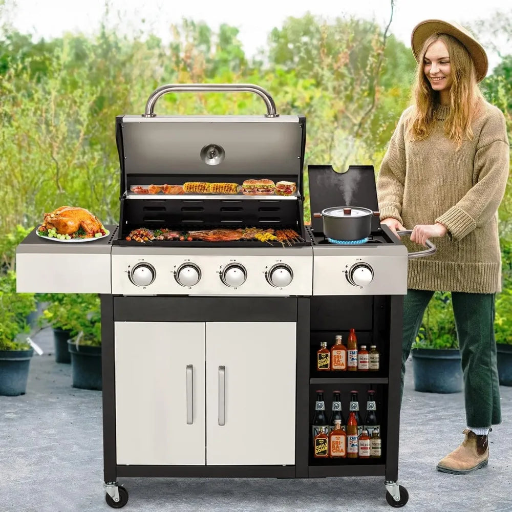 4-Burner Propane Gas Grill with Side Burner & Cabinet - 49,000 BTU Stainless Steel BBQ Grill, Porcelain-Enameled Cast Iron Grate