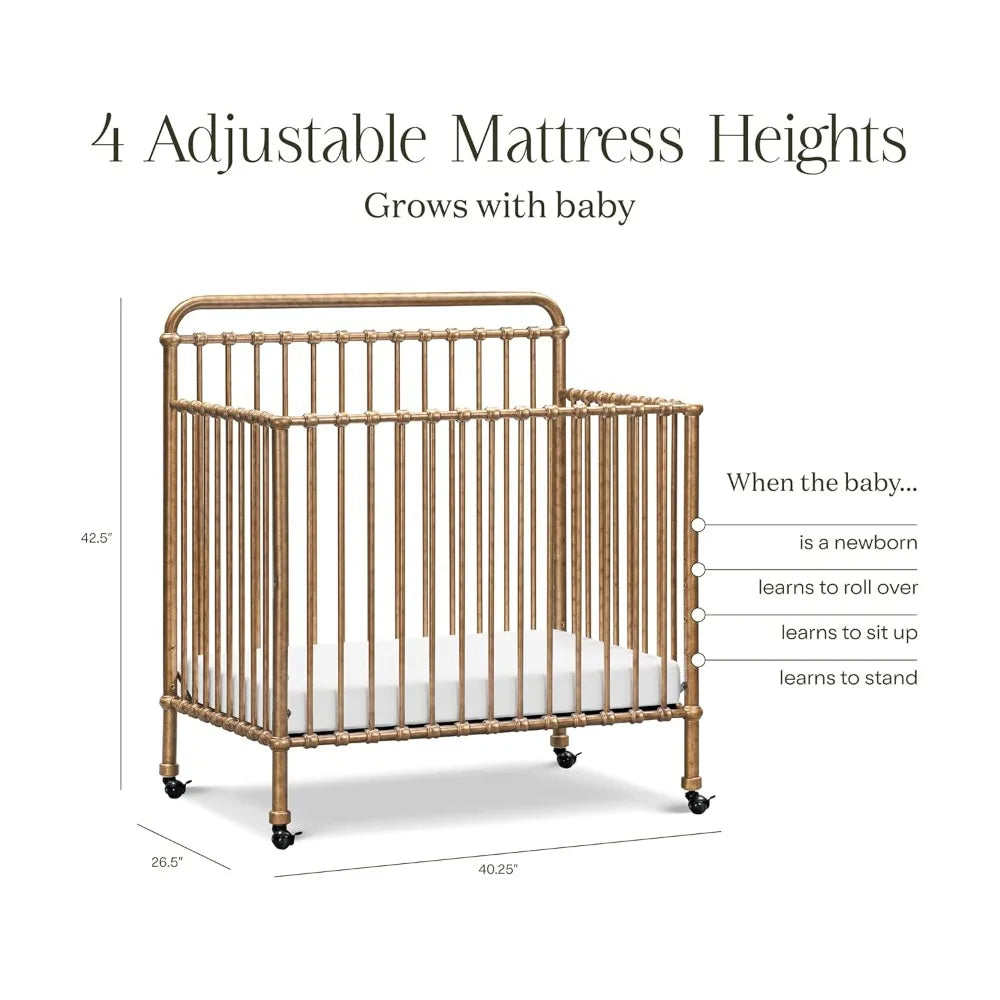 Winston 4 in 1 Convertible Mini Crib with Removable Wheels Vintage Gold GREENGUARD Gold Certified 4 Adjustable Heights