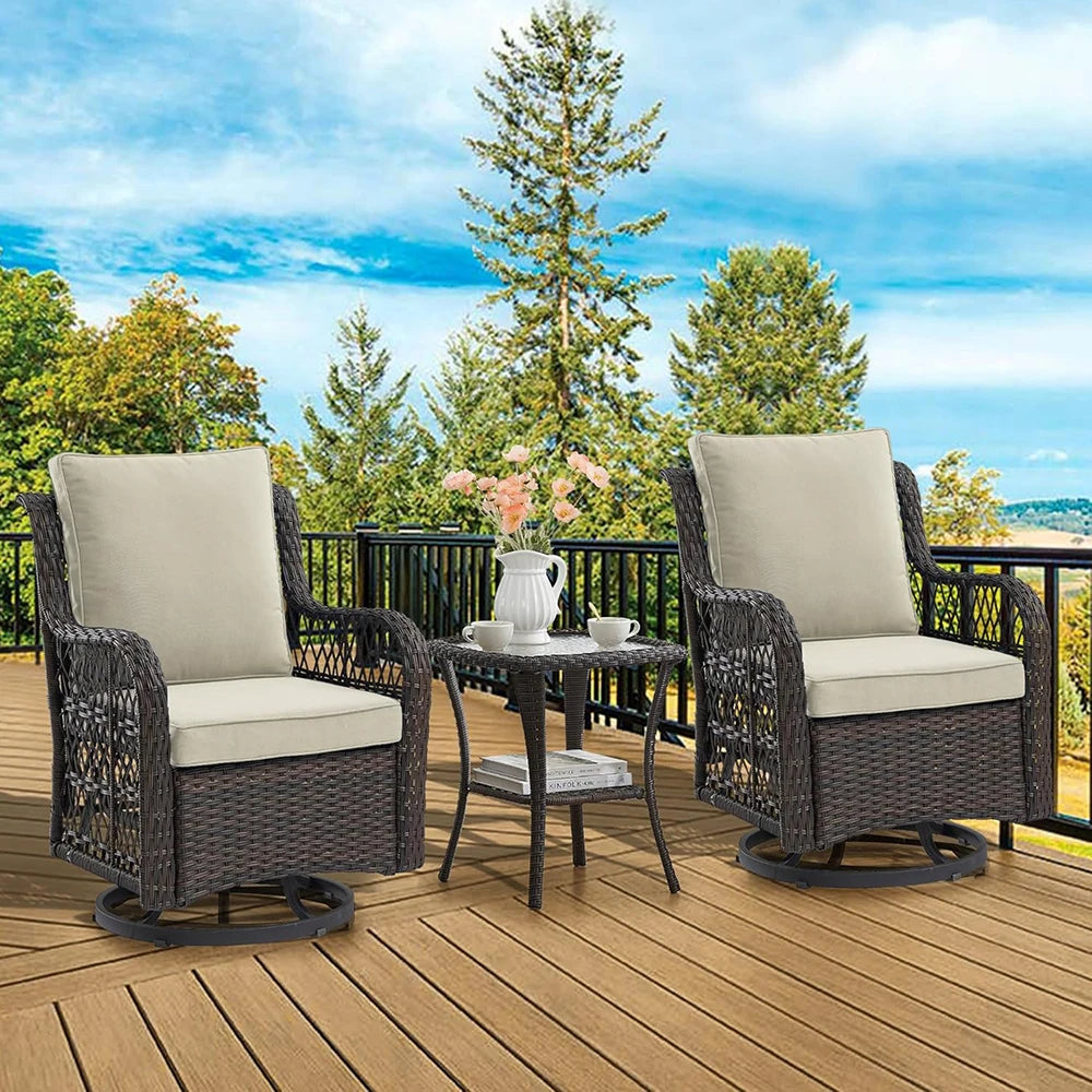 3 Piece Wicker Swivel Rocking Patio Set With Cushions Two Chairs And Glass Table