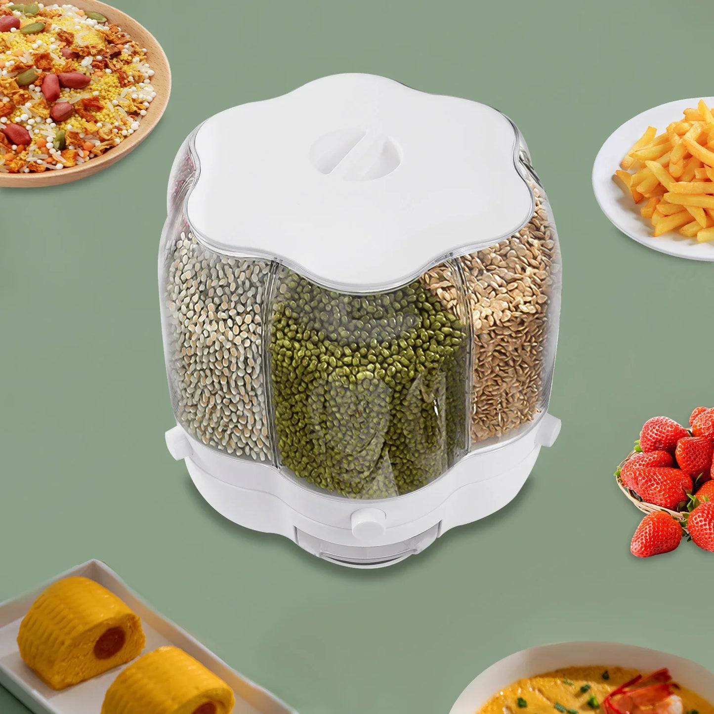 Rotating Food Dispenser Rice Dispenser 6 Grid Rice Bucket Whole Grains Rice Container Storage with Lid Dry for Kitchen White