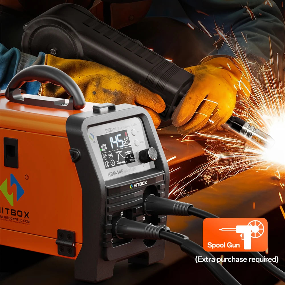 HITBOX 145A 4 in 1 Multi-process MlG Welder with Synergic Control 220V Stick ARC MMA/Gasless MIG/Lift TIG Support Spool Gun Large LED Display Hot Start Arc Force Anti-stick IGBT Inverter Welding Machine HBM145