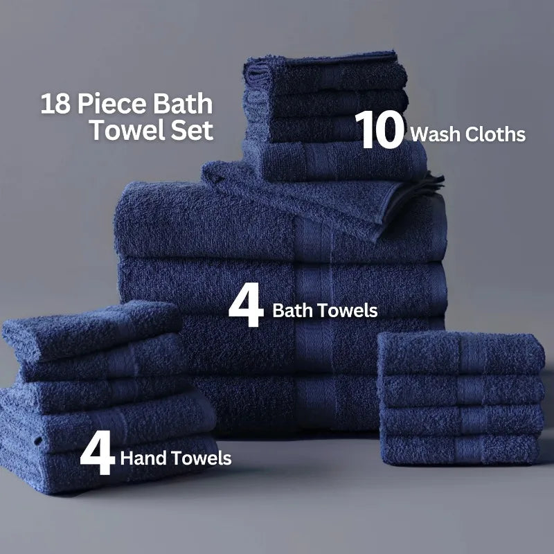 18 Piece 100 Percent Cotton Towel Set with 4 Bath Towels 4 Hand Towels and 10 Face Towels Soft and Super Absorbent
