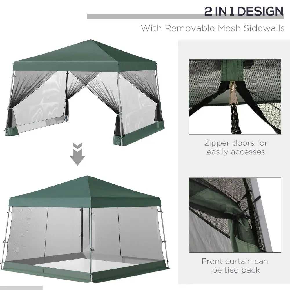 Instant Pop Up Slant Leg Canopy Tent Green Netting Height Adjustable Sun Shelter with Carry Bag for Outdoor Garden Patio Parties