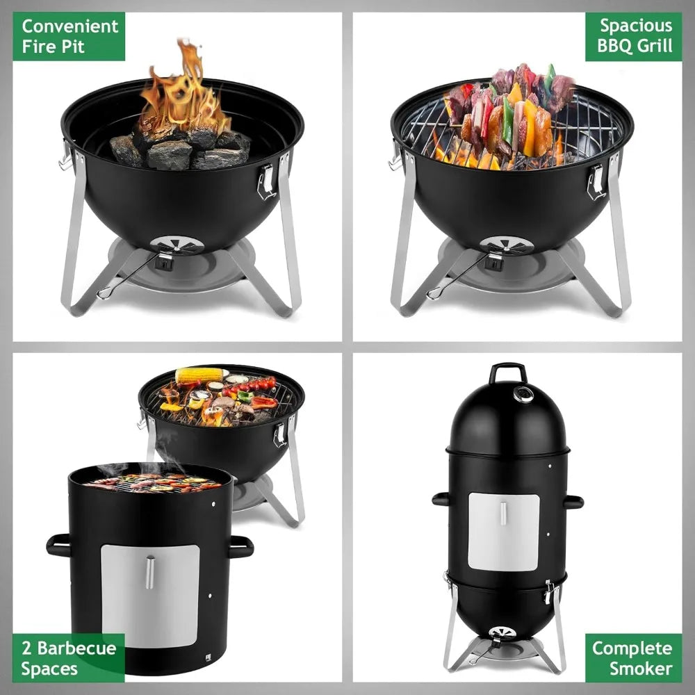 19 Inch Charcoal Smoker, 3-in-1 Vertical Bullet Smoker, Heavy Duty Meat Smokers Grill with Built-In Thermometer, Air Vent, And 2