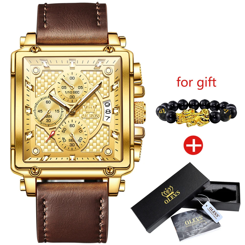OLEVS Men Quartz Chronograph Watch Waterproof Leather Band Rectangle Case