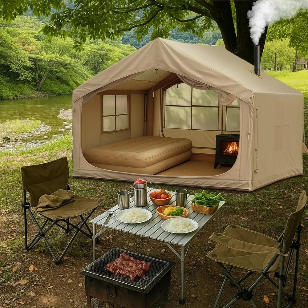 10 Foot x 8 Foot Blow Up Tents for Camping Inflatable Camping Tent for 6 to 8 People Four Season Tent with Stove Jack Waterproof