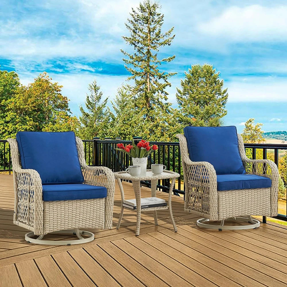 3 Piece Wicker Swivel Rocking Patio Set With Cushions Two Chairs And Glass Table