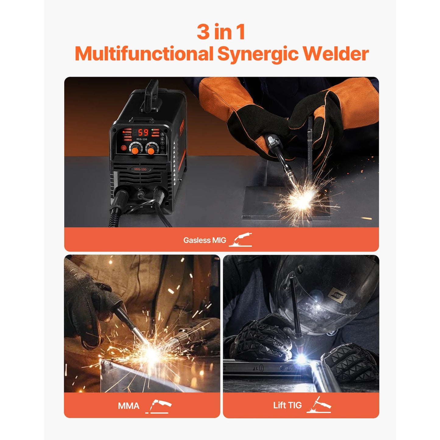 SucceBuy MIG Welder 130Amp Mig Welding Machine 3-in-1 Portable Mig Welder with IGBT Inverter Technology Digital Display Screen