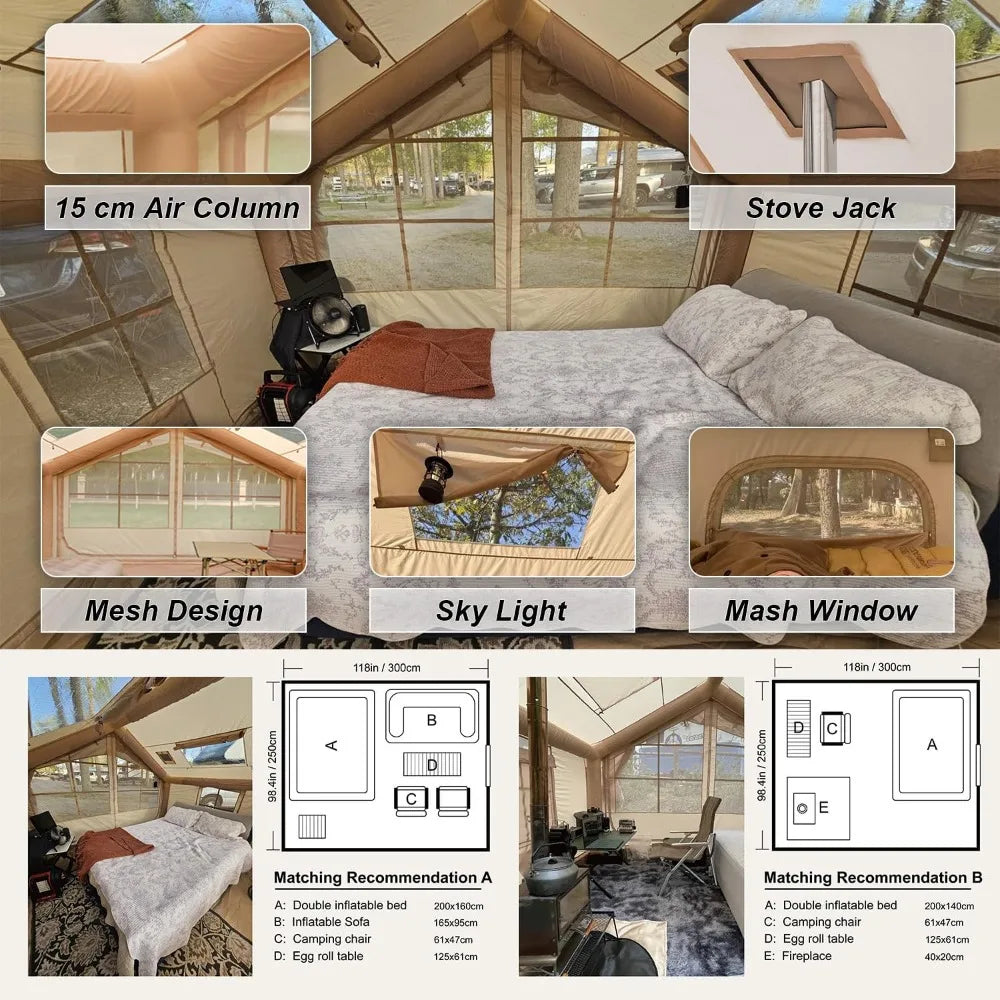 10 Foot x 8 Foot Blow Up Tents for Camping Inflatable Camping Tent for 6 to 8 People Four Season Tent with Stove Jack Waterproof