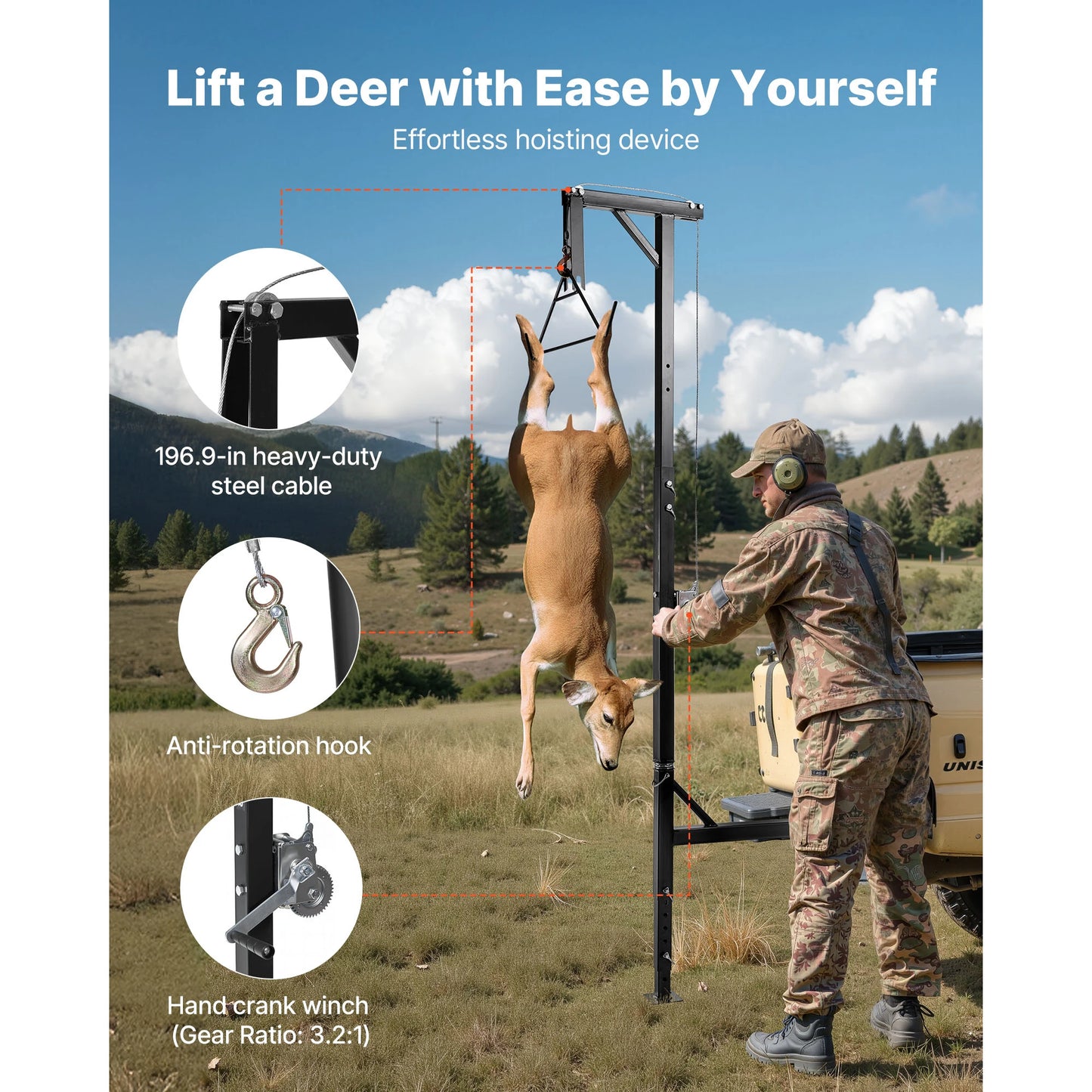 SucceBuy 400/500/600Lbs Truck Hitch Game Hoist with & Adjustable Height Hunting Deer Hoist Winch for Skinning & Cleaning Game