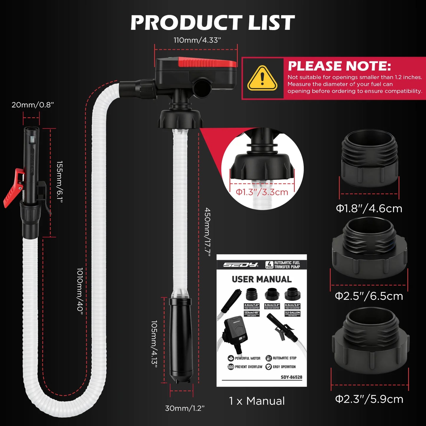SEDY Automatic Fuel Transfer Pump with Auto-Stop Sensor(3.2 GPM), Battery Operated Gas Can Pump with 3 Can Adapters