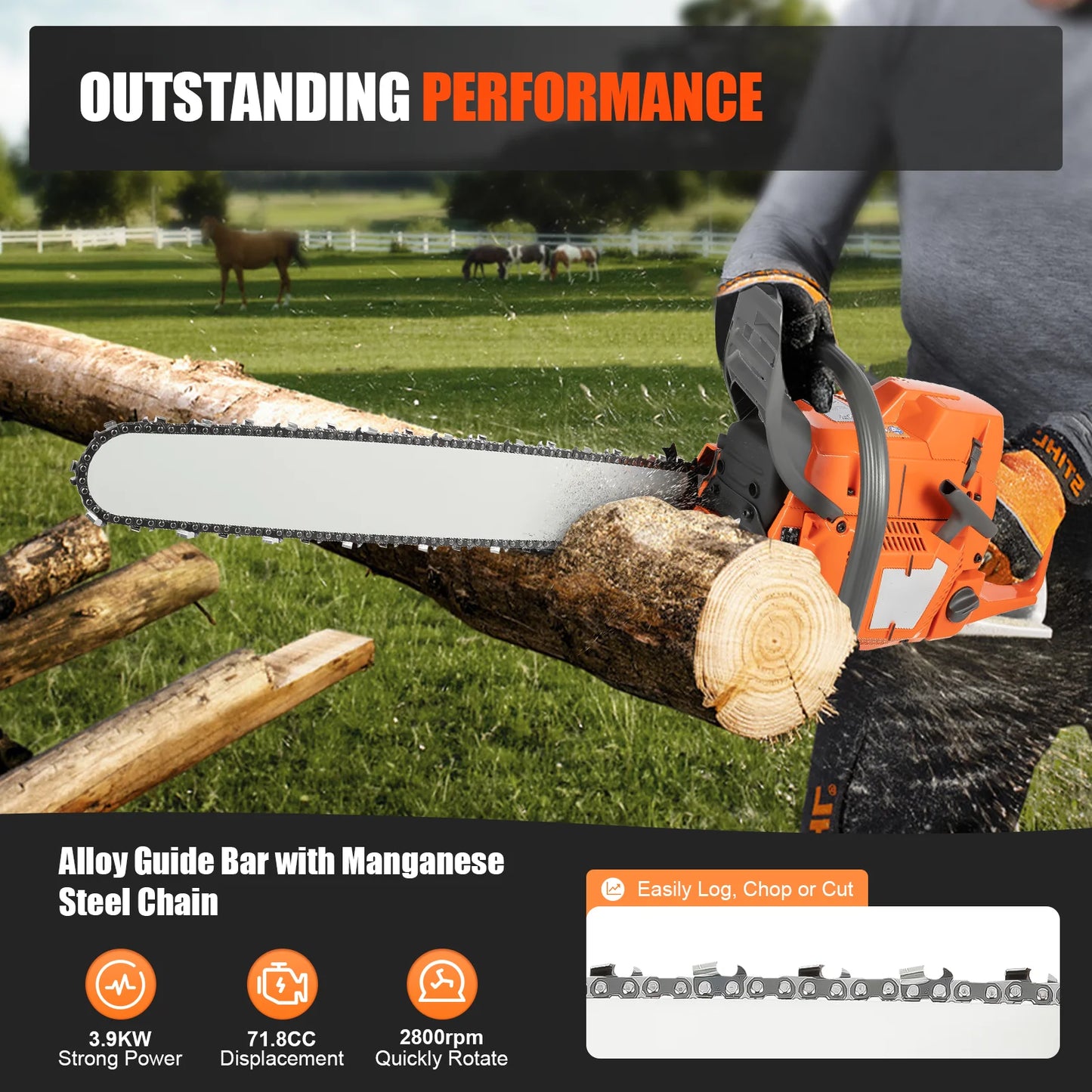 Gasoline Power Chainsaw 24 Inch Guide Bar 65 72 CC Hand Pull Start