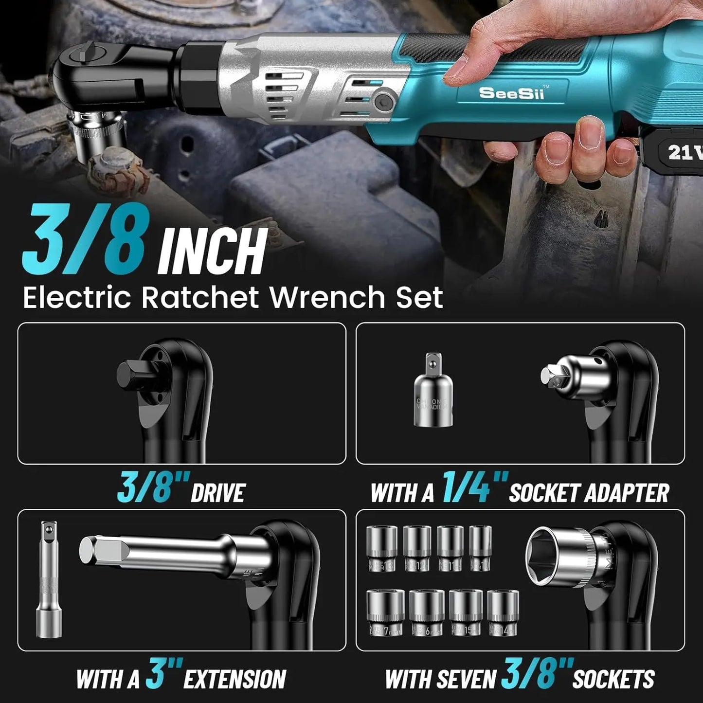 Seesii 21V Cordless Ratchet Wrench Kit 3/8 Inch Electric Ratchet 66Ft-lbs Variable Speed Power Ratchet with 2X 2.0Ah Batteries RT600B