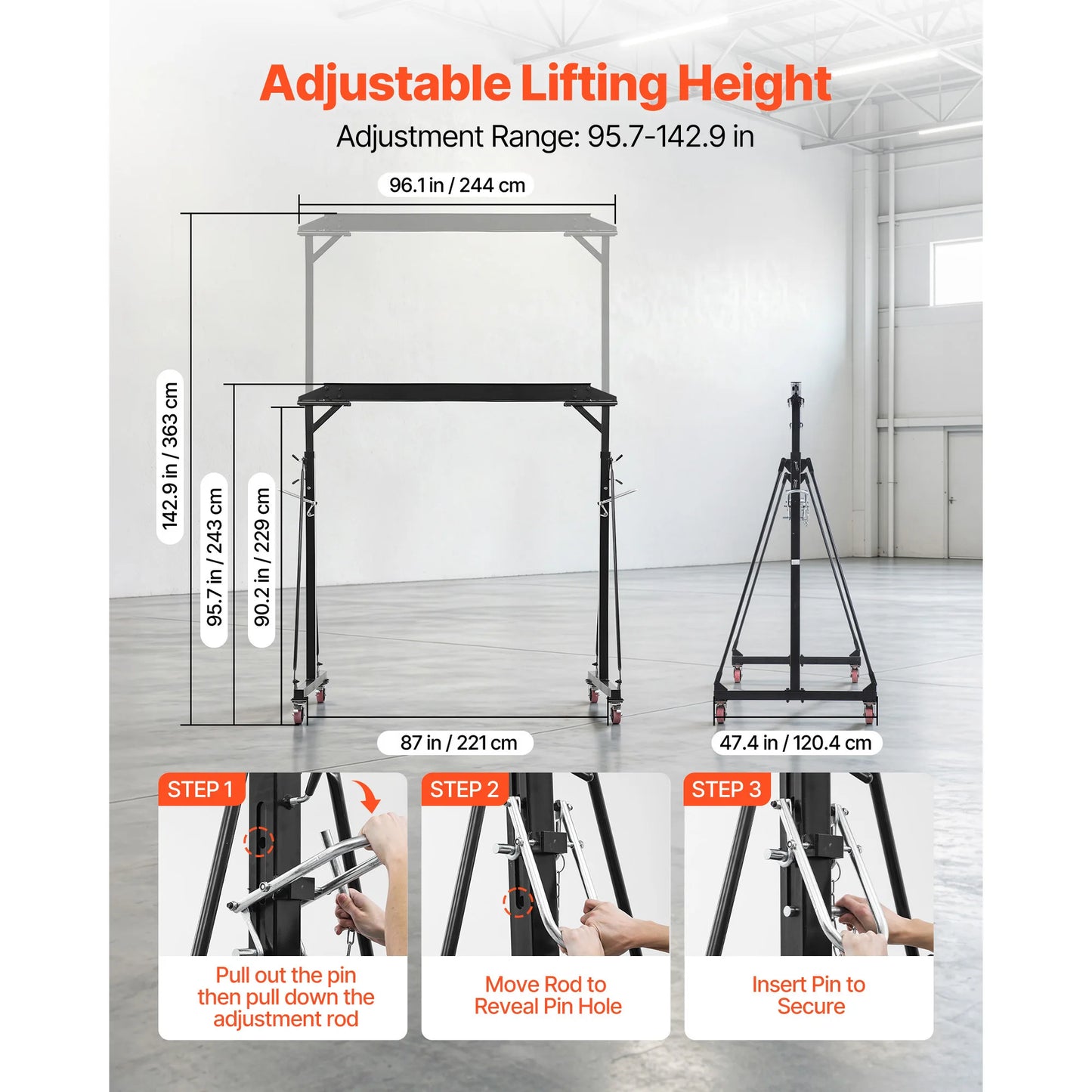 SucceBuy 2200/4400 lbs Adjustable Gantry Crane Portable Shop Lift Hoist with Height Adjustable & Locking Wheels for Factory