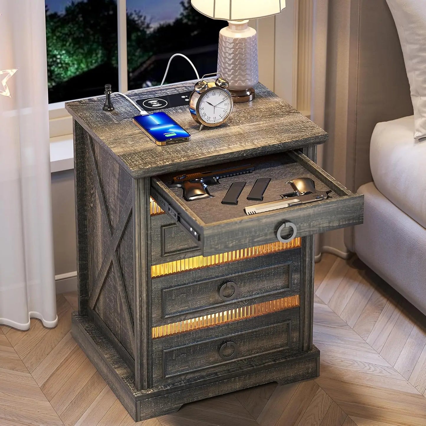 Farmhouse Night Stand with Gun Drawer Bedside Table with Charger Station LED Nightstand with Human Sensor Light Smart End Tab