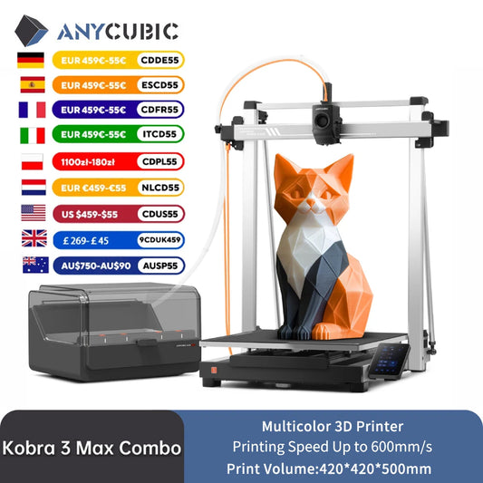 ANYCUBIC Kobra 3 Max Combo AE Version Multi-Color 3D Printer Max Speed 600mm/s Build Volume 500*420*420mm Smart APP Control
