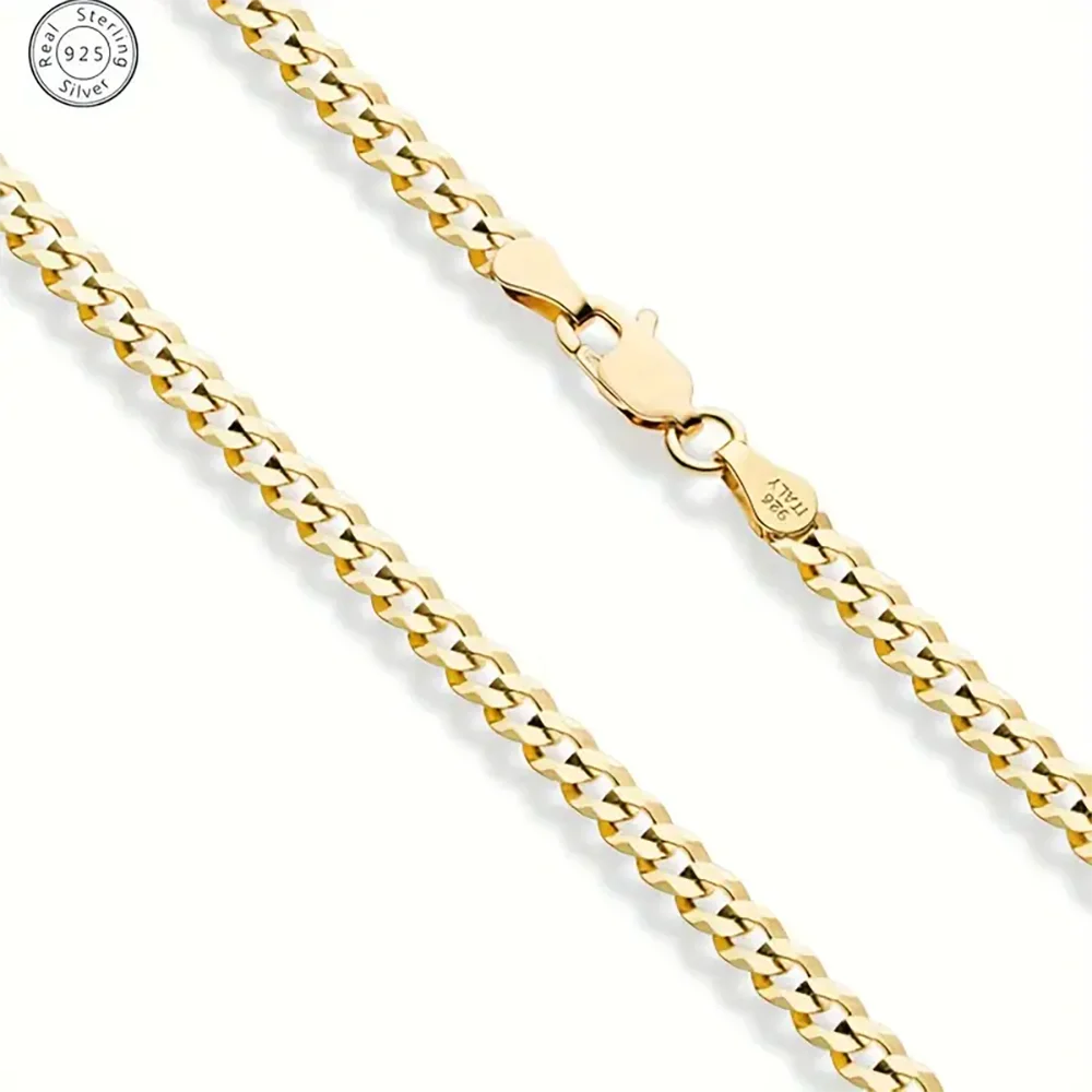 14K Gold Plated 5/7mm Locomotive Men Punk Rock Curb Cuban Link Chain 925 sterling silver Bracelet for Women Biker Jewelry Gift