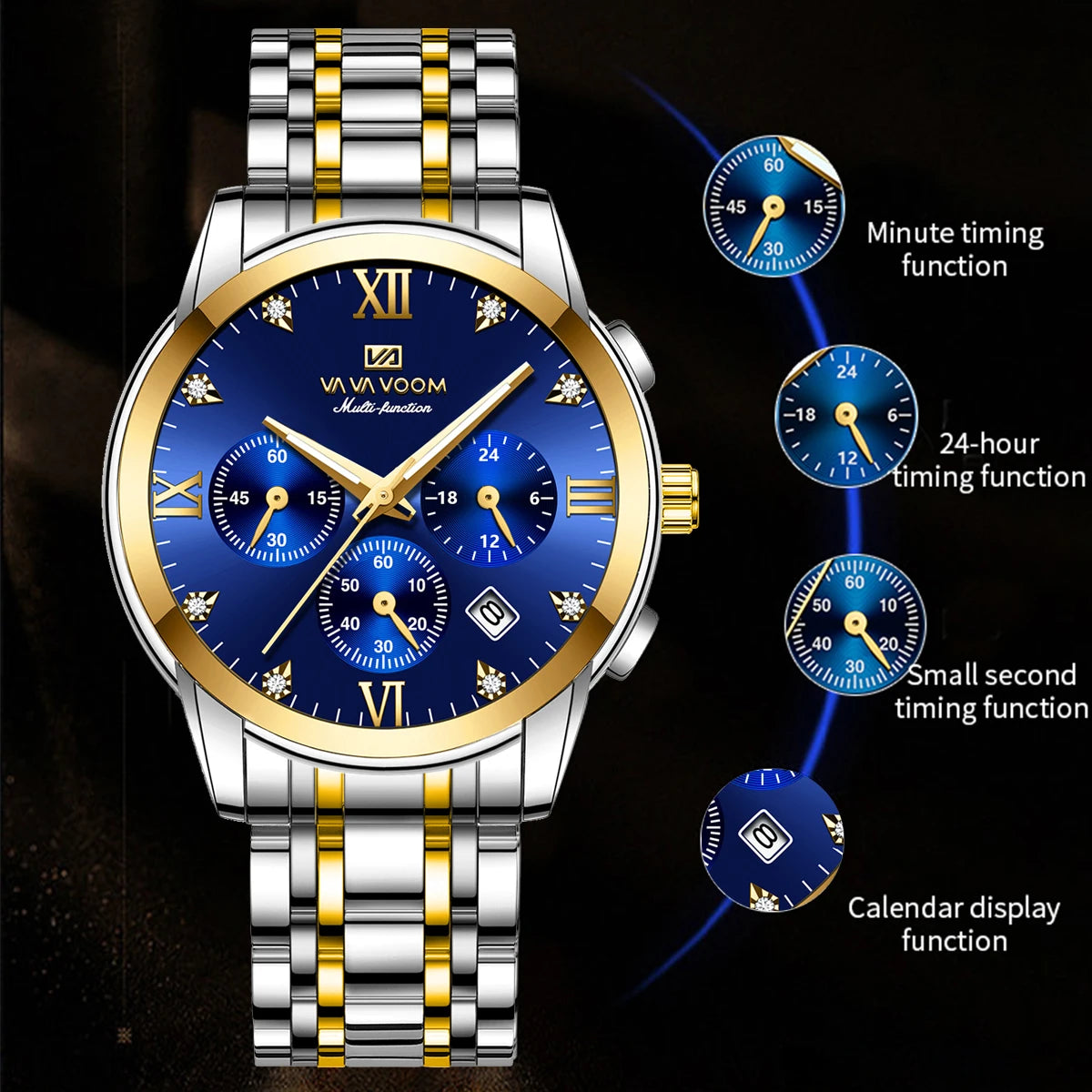 Va Va Voom Men's Multifunctional Watch Fashionable Stainless Steel Strap Blue Gold Rhinestone Casual Sports Timepiece