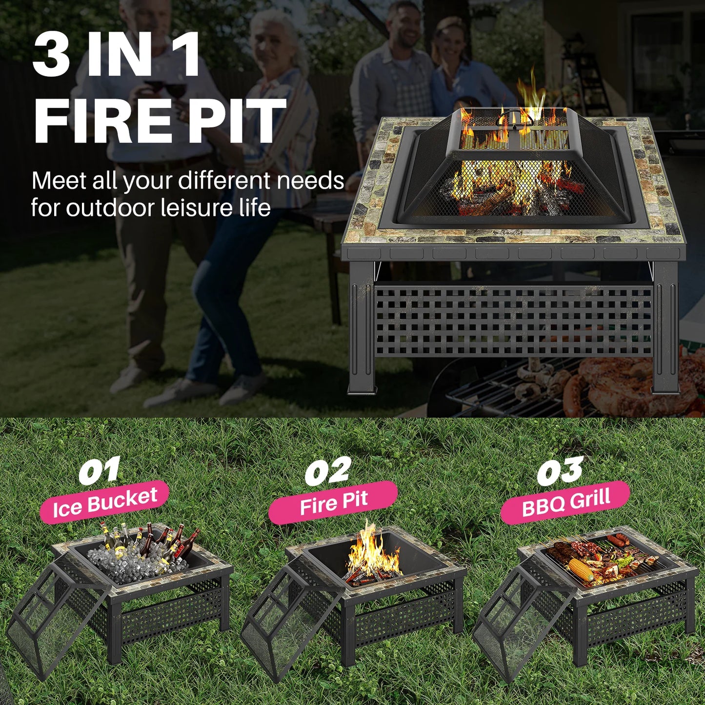 30 Inch Square Outdoor Fire Pit Table with Mesh Lid and Fire Poker 3 in 1 Multipurpose Fire Pit for Yard Garden and Patio