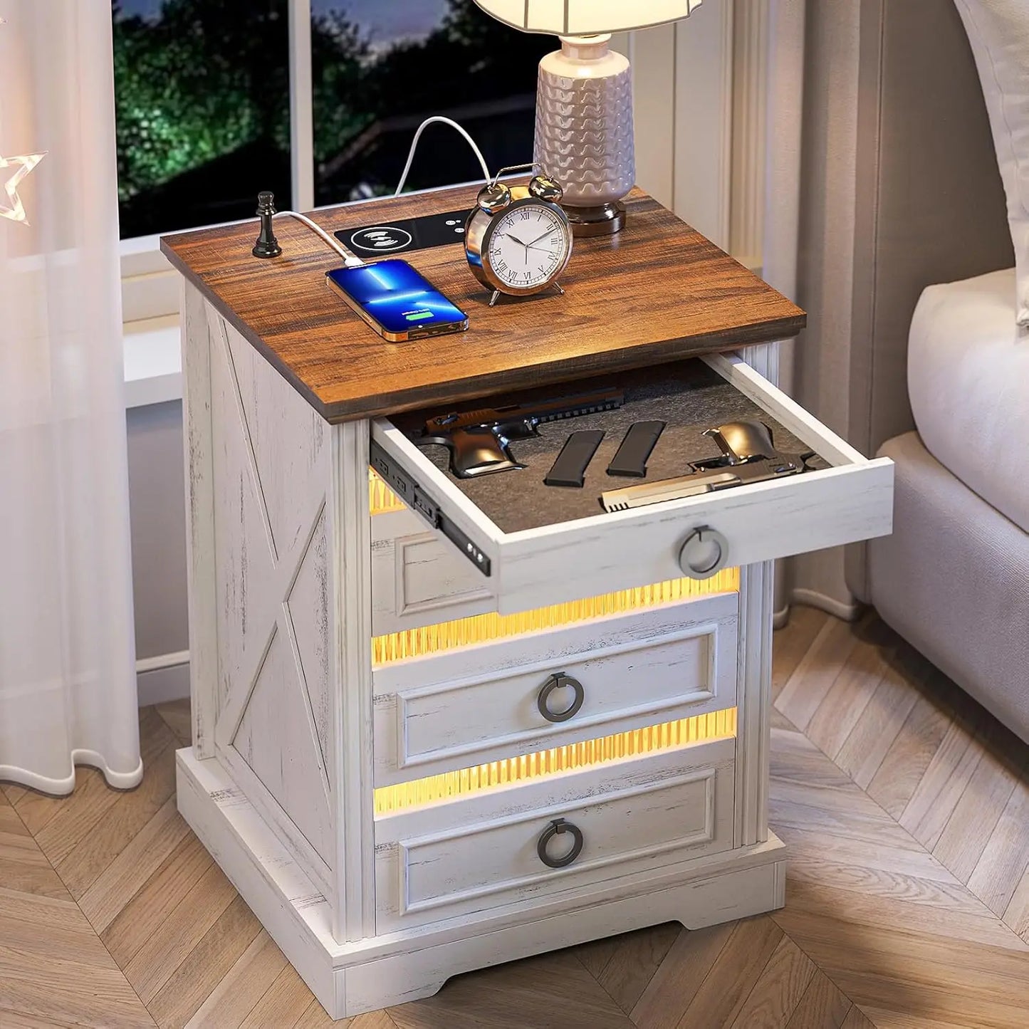 Farmhouse Night Stand with Gun Drawer Bedside Table with Charger Station LED Nightstand with Human Sensor Light Smart End Tab