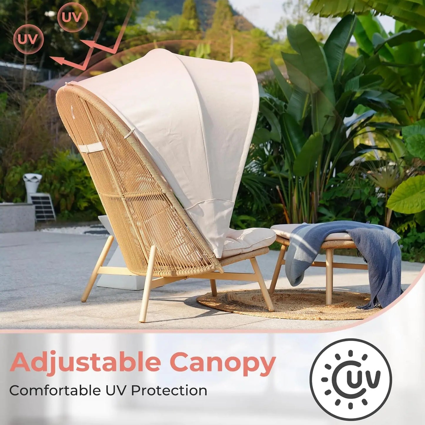 Wicker Folding Egg Chair with Ottoman Boho Oversize Lounge Chair Beige Open Weave Wicker Sun Shade for Patio