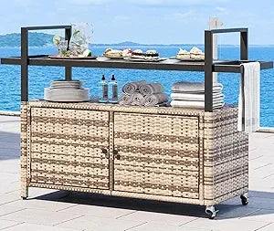 Large Outdoor Kitchen Wicker Island Rolling Cart and Patio Bar Table with Wheels and Black Glass Table Top for Backyard and Poolside