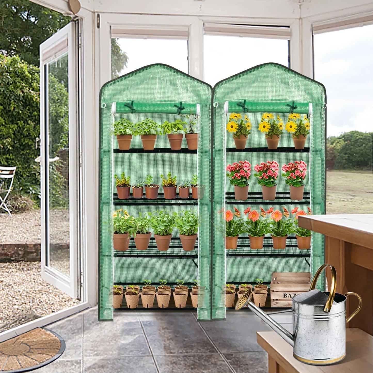 Black Iron Pipe Pointed Mini Flower Stand 69x49x160cm With 4 Layers Of Grid Zipper Rolling Door PE Cloth Greenhouse