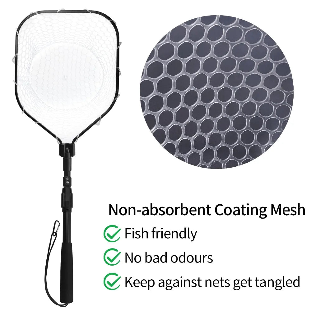 Fly Fishing Landing Net With Soft Rubber Mesh Aluminum Handle Frame Lightweight Portable Catch Release Trout Bass Net