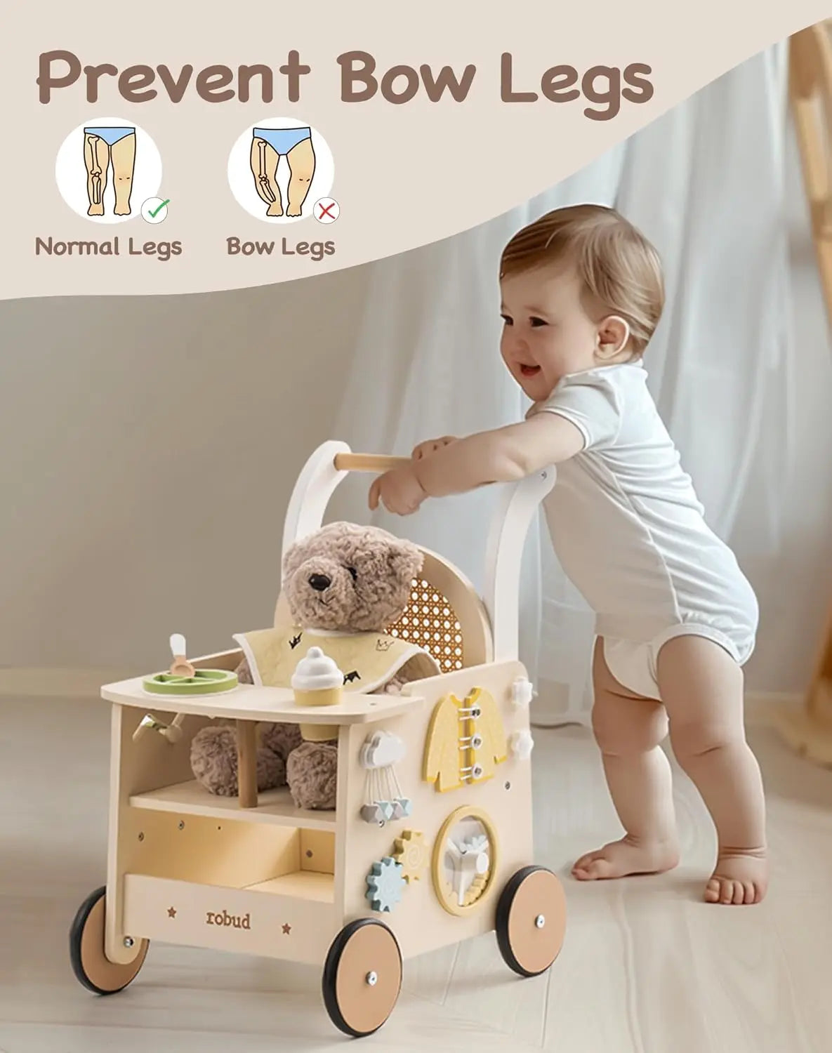 Robotime Robud Wooden Baby Walker Doll Stroller Push Along Walker with Safety Brake for 10 Months and Up