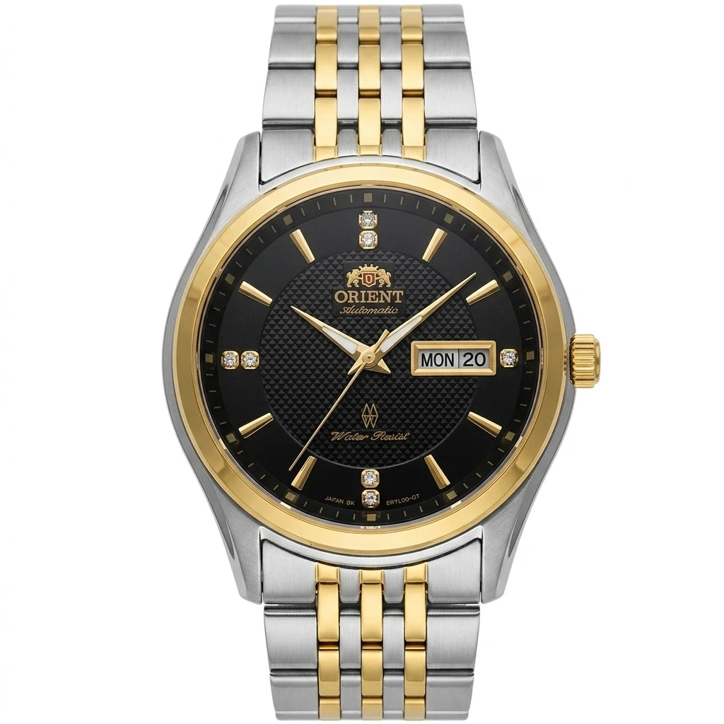 Orient Men's Business Automatic Mechanical Watch Dual Calendar Week Display Crystal Hour Markers Stainless Steel Band Wristwatch