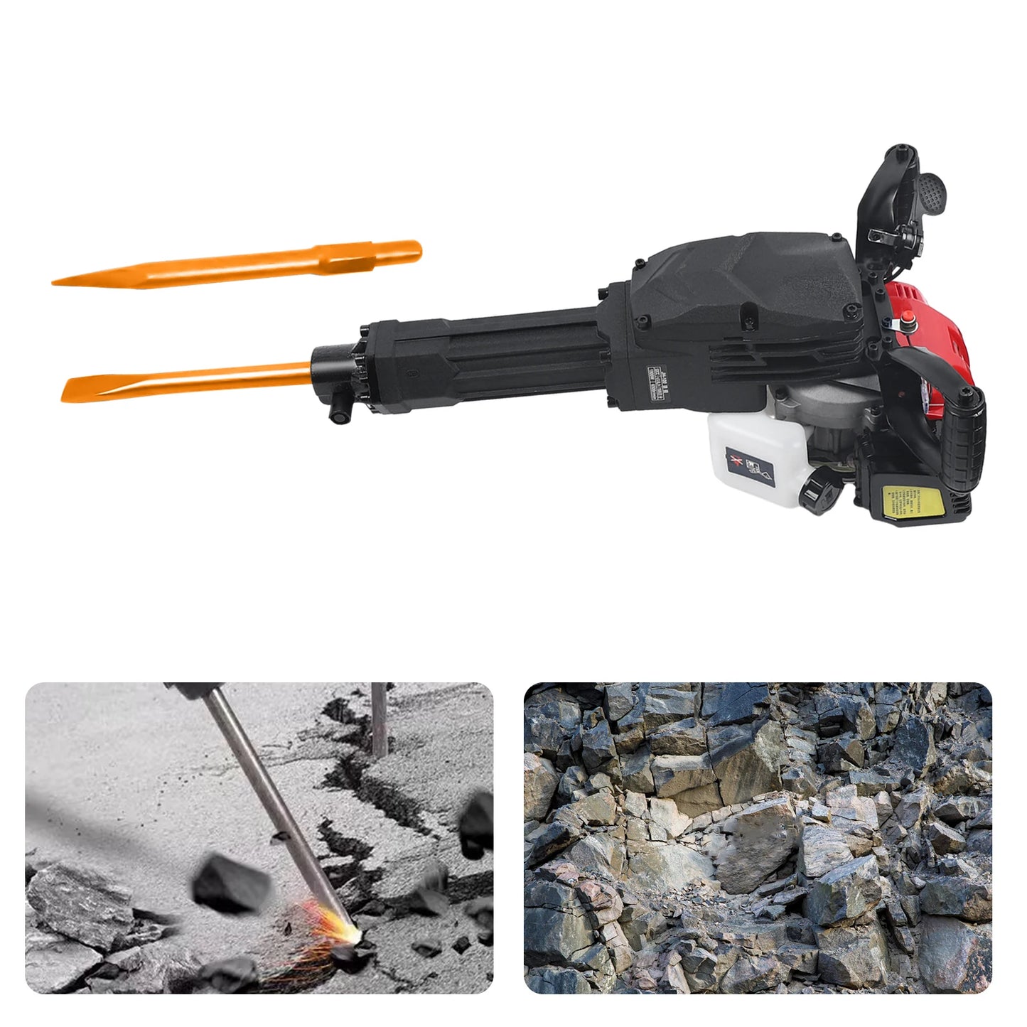 Demolition Jack Hammer 1900W, 52CC Gas Powered Breaker With 1500bpm Impact Frequency, 20-55J Impact Energy for Concrete Rock Breaking, Point & Flat Chisel