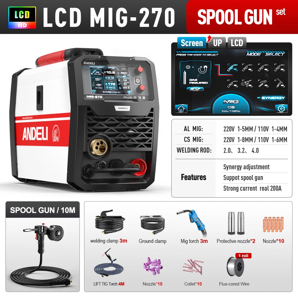 Andeli 200A Semi Automatic Welding Machine MIG TIG MMA Inverter Welder Spool Gun Compatible