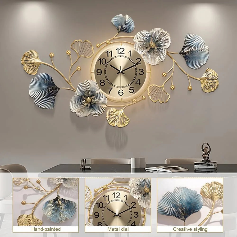 Large Metal Wall Clock with LED Light Silent Creative Decorative 3D Ginkgo 33.6 x 20 Inch
