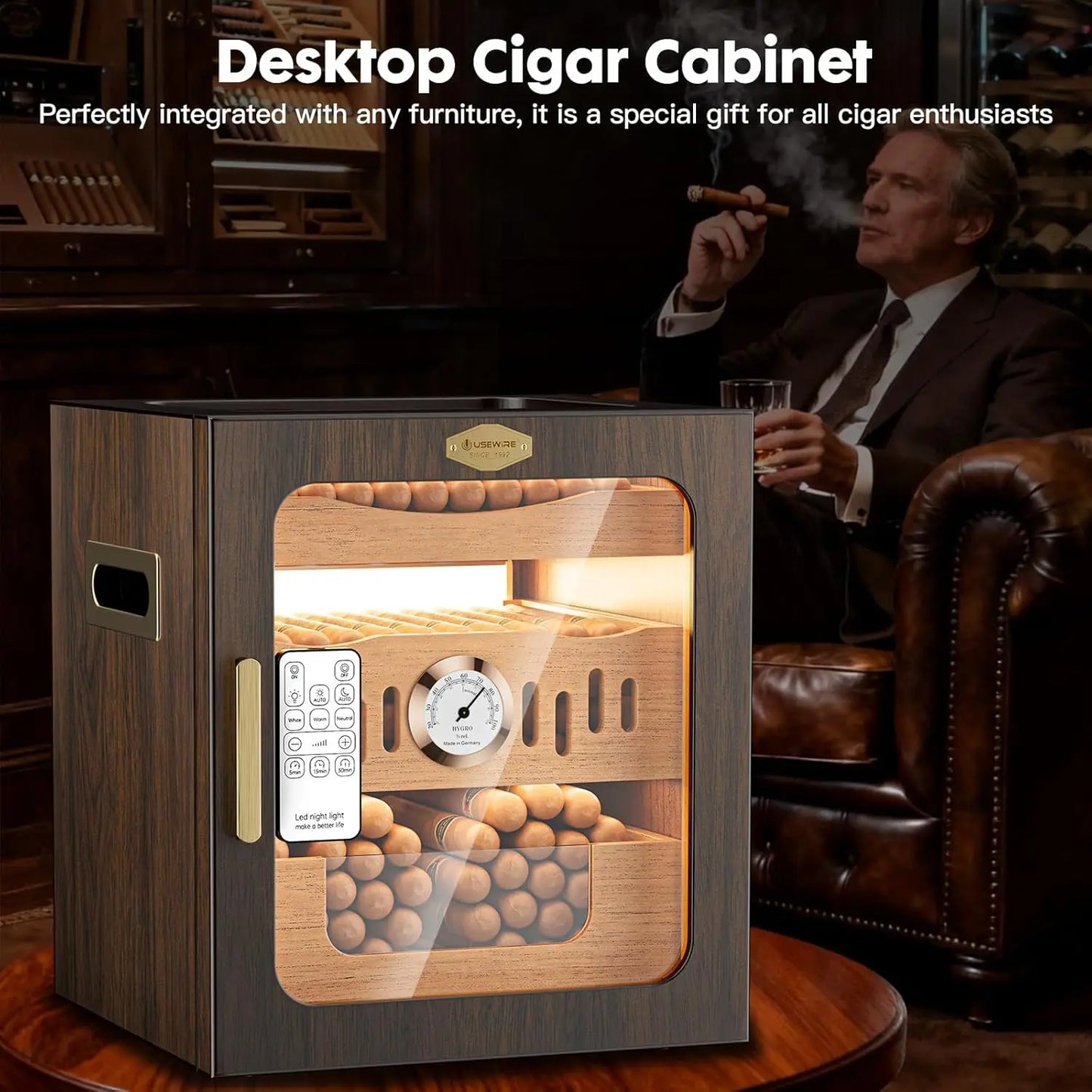 Walnut Cigar Humidor Cabinet LED Lighting Remote Hygrometer Case And Cutter