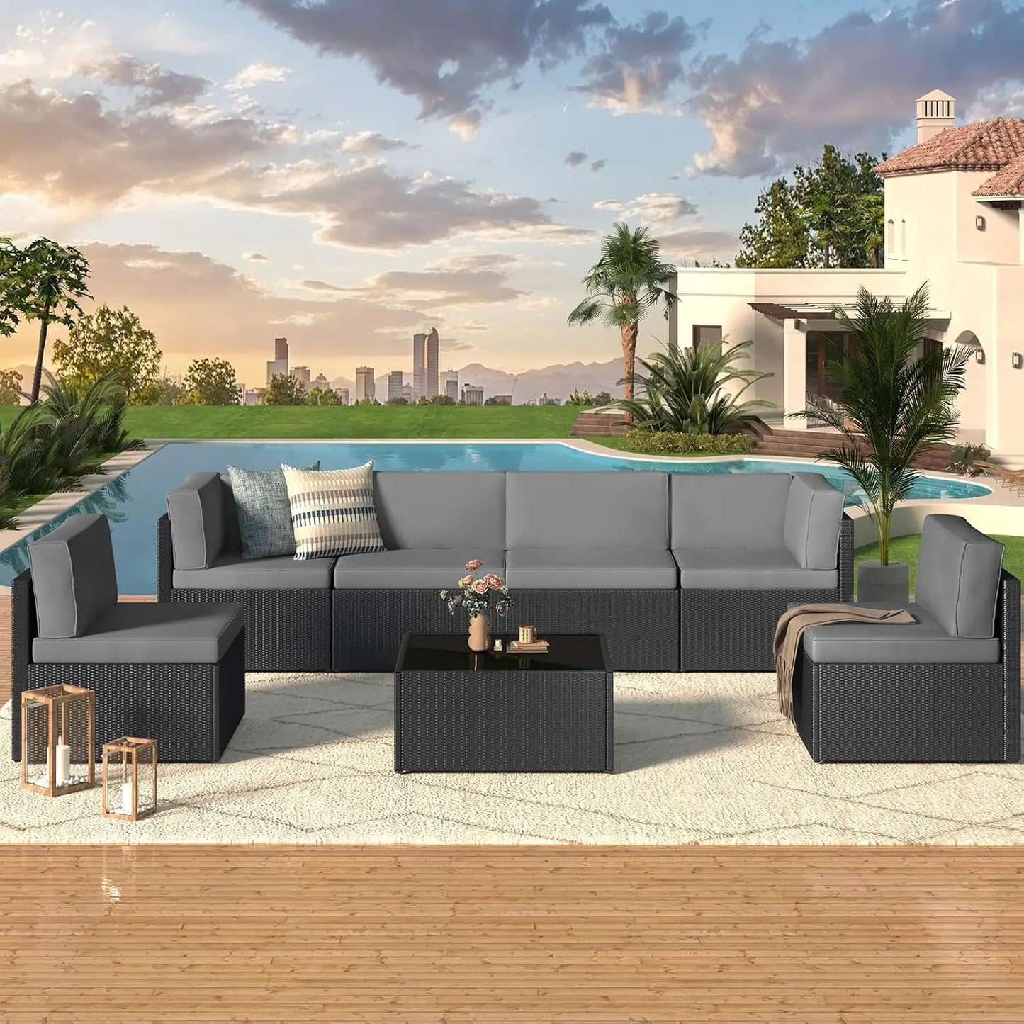 7 Piece Outdoor Patio Furniture Set Grey PE Rattan Wicker Sectional Chair Set with Cushions