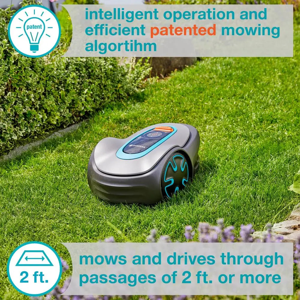 Automatic Robotic Lawn Mower Bluetooth App 2700 Square Feet Safe Reliable All Weather Terrain 35 Percent Gradient Low Voltage Cable Power