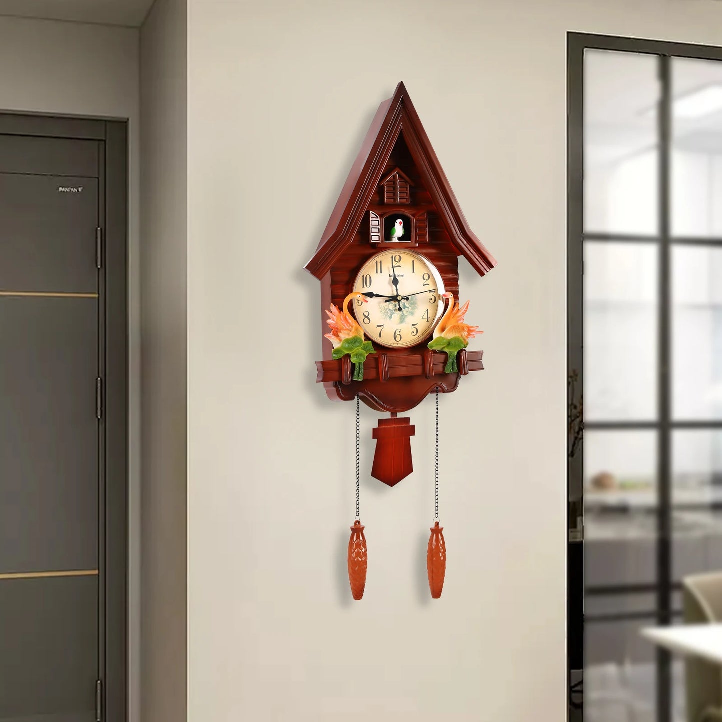 Creative Reddish Brown Wall Clock for Living Room Decor Battery Operated Silent Plastic Clock