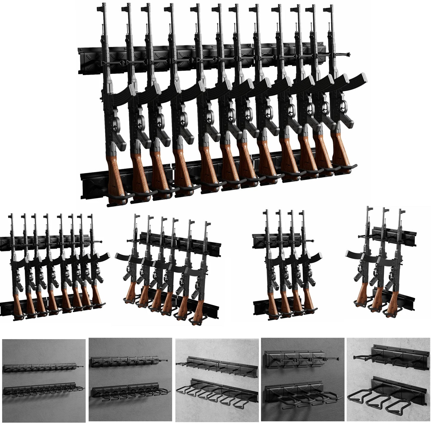 12 Slot Long Gun Rack Wall Mounted Adjustable Rifle Storage Holder 220 Lbs Load Capacity