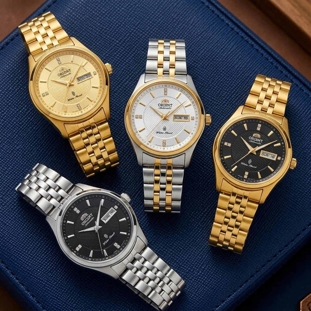 Orient Men's Business Automatic Mechanical Watch Dual Calendar Week Display Crystal Hour Markers Stainless Steel Band Wristwatch