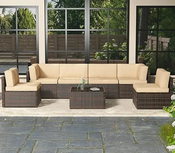 7 Piece Outdoor Patio Furniture Set Sectional Conversation Chair with Coffee Table L Shape Garden Set
