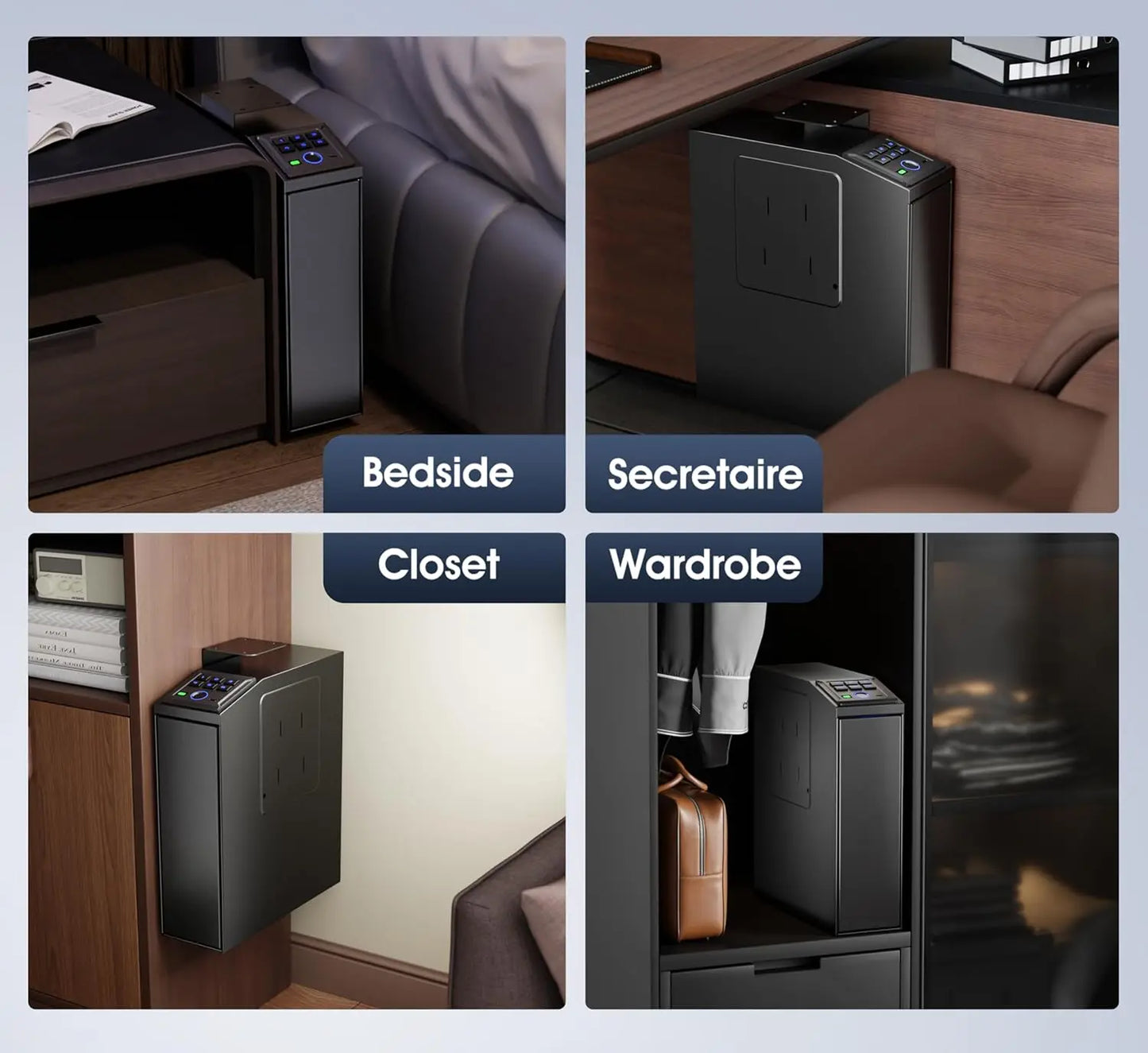 Biometric Gun Safe with Slider Design for Handgun 4 Ways to Unlock Fingerprint Key Access and PIN Code Mounted Nightstand Pistol Safe