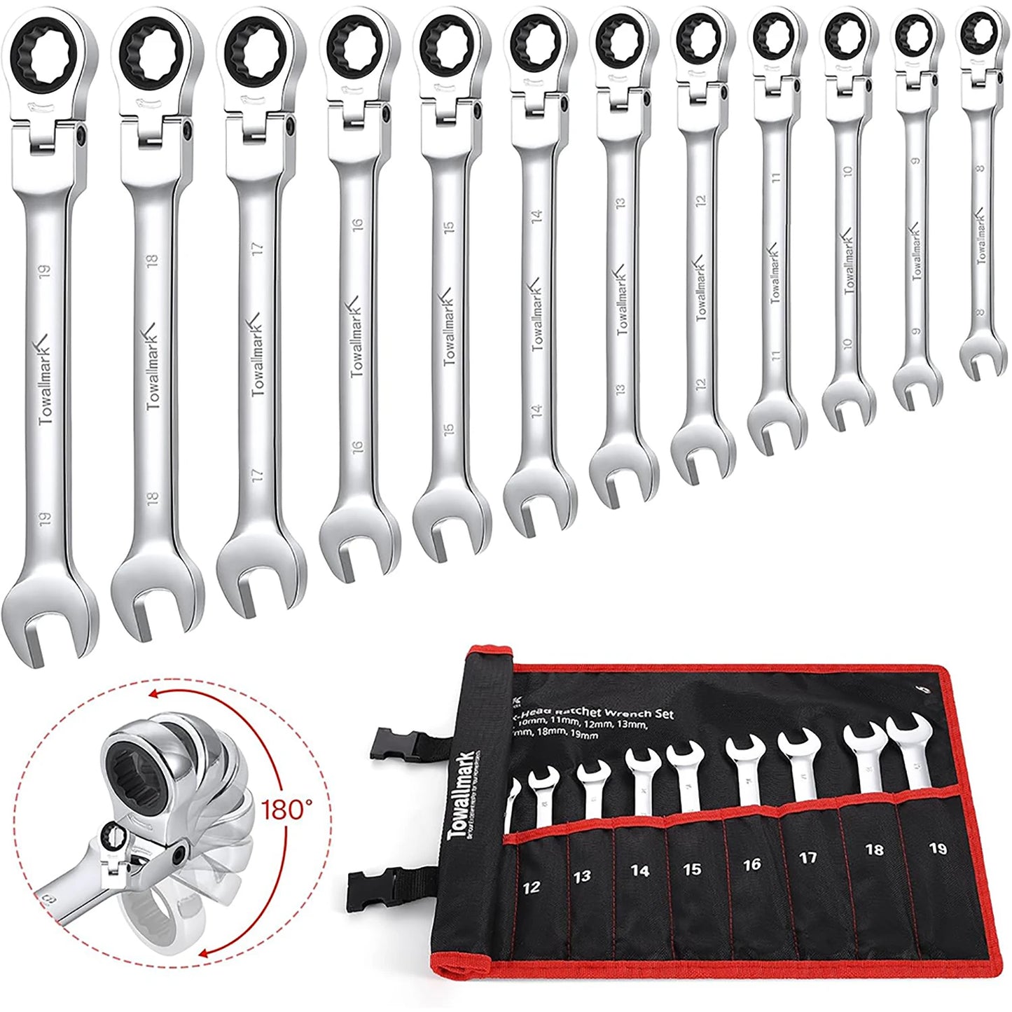 12 Piece Ratcheting Flex Head Wrench Set 8 To 19mm 72T Crv