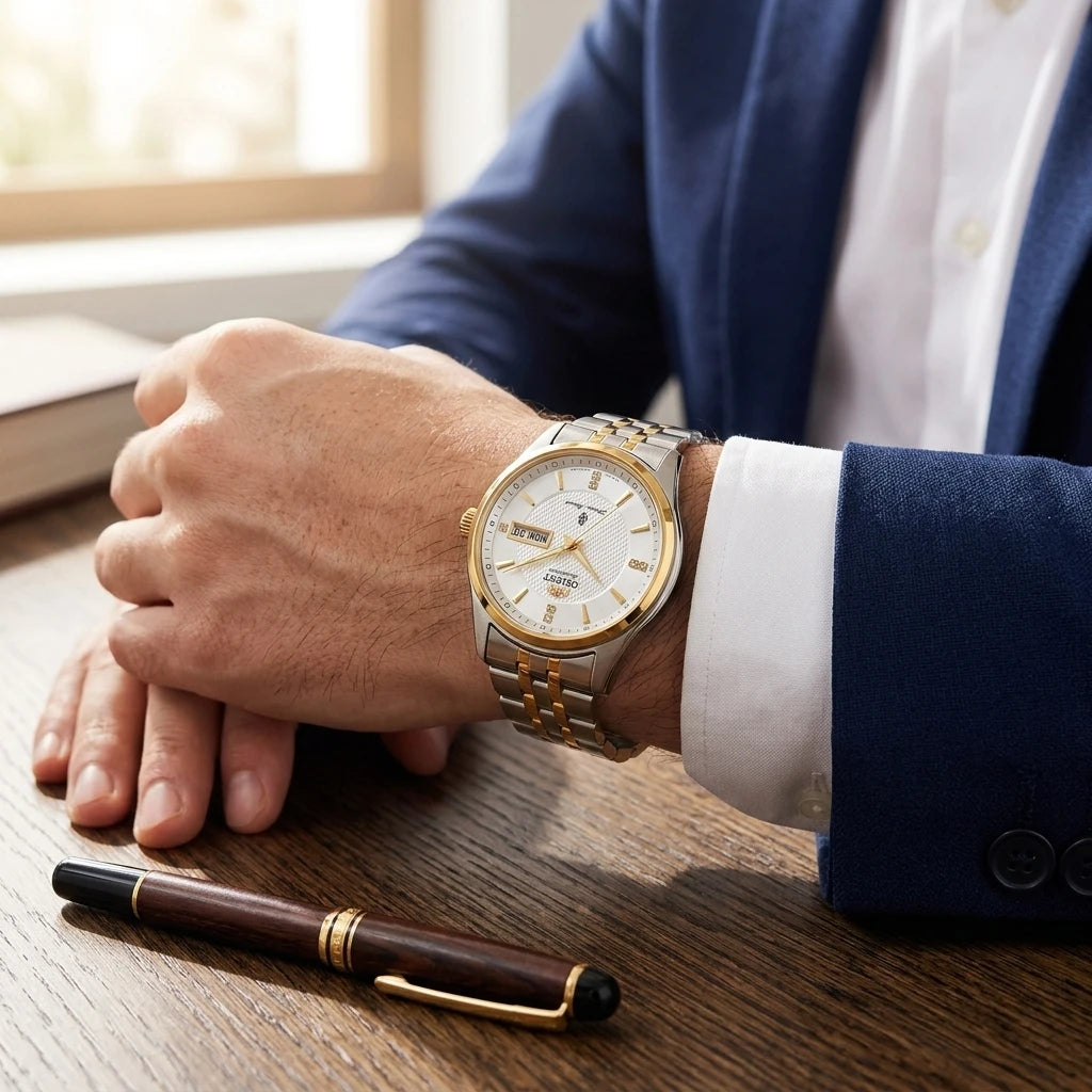 Orient Men's Business Automatic Mechanical Watch Dual Calendar Week Display Crystal Hour Markers Stainless Steel Band Wristwatch