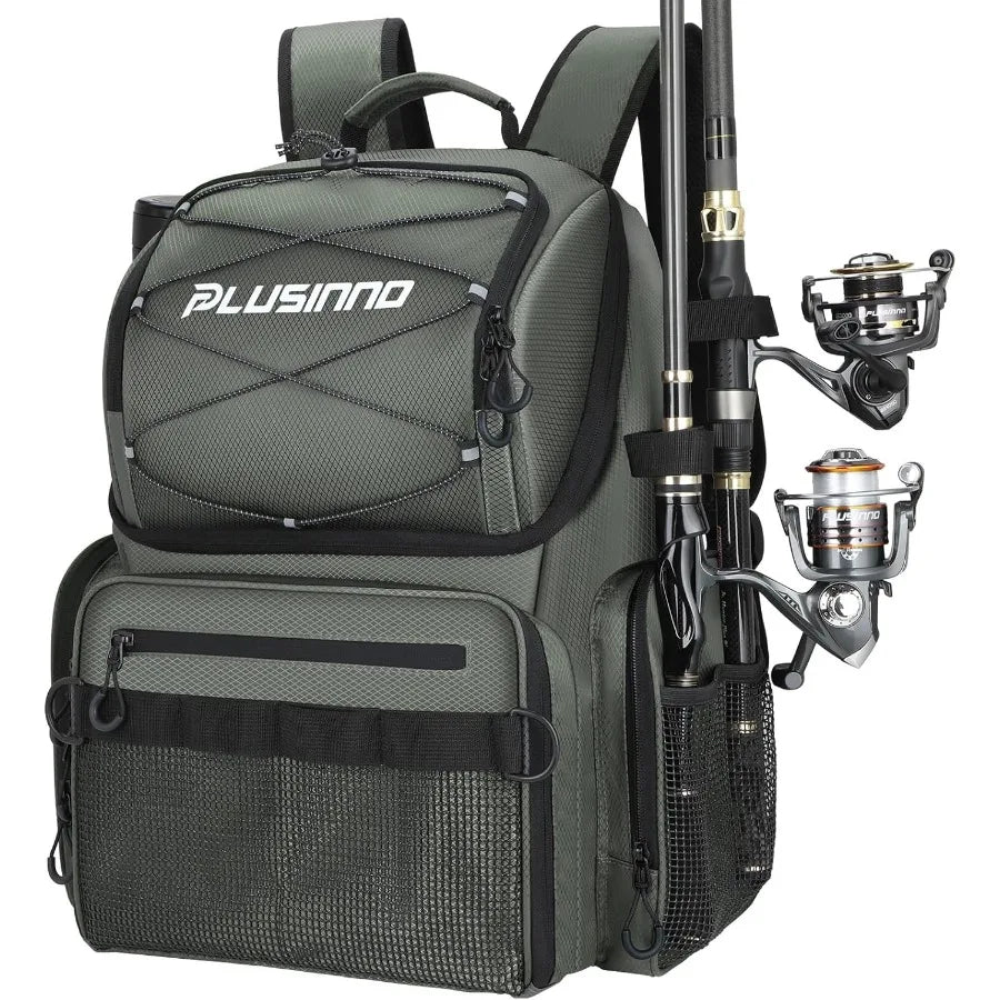 Plusinno Fishing Backpack with Rod Holders and Cooler 45L Large Water Resistant Fishing Tackle Bag